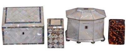 A mother of pearl and abalone necessaire box, the sides with lozenge veneers of contrasting colours,