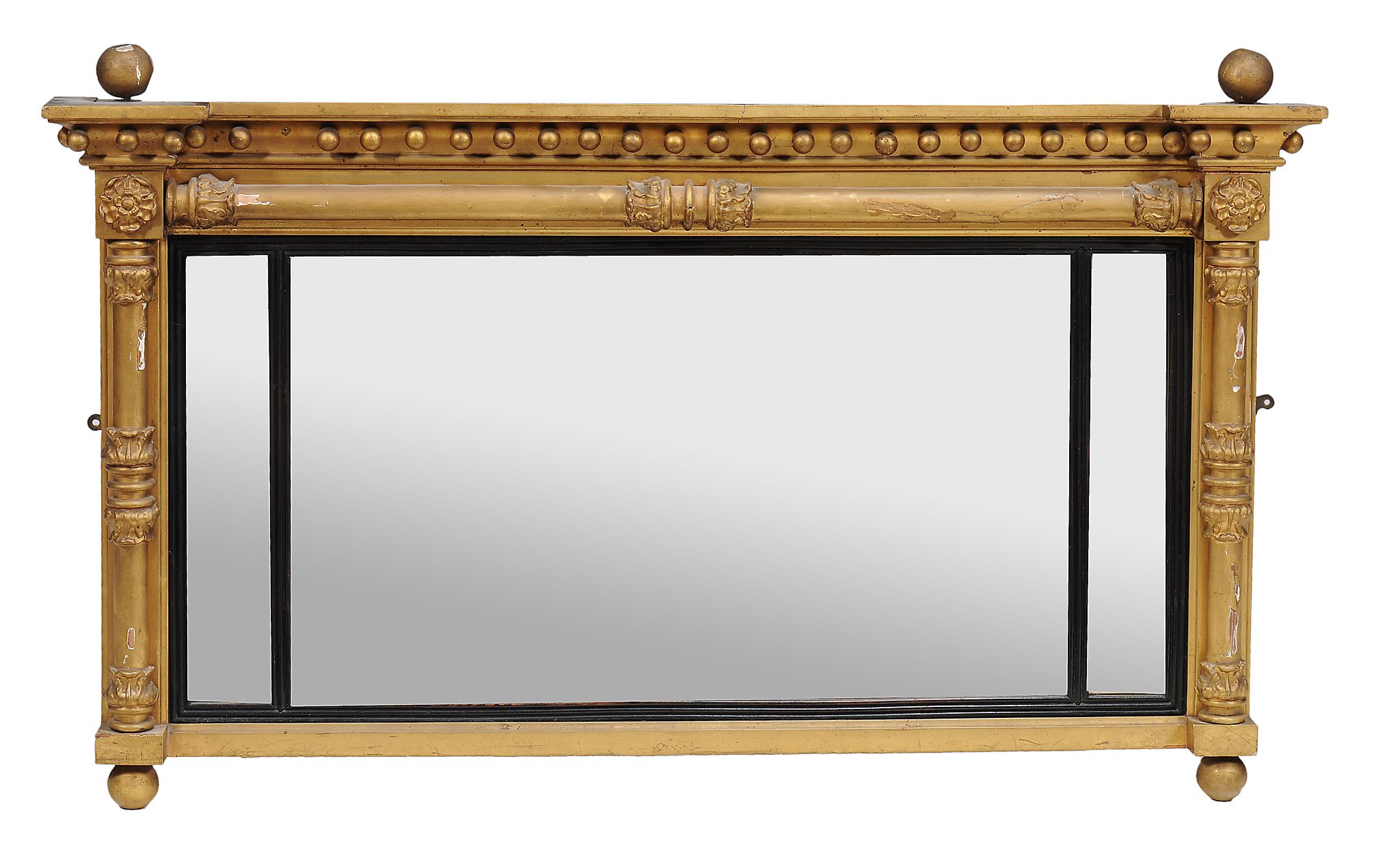 A Regency giltwood and ebonised triple plate overmantel mirror  , circa 1815, with ball finials