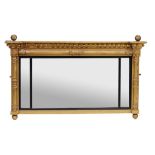 A Regency giltwood and ebonised triple plate overmantel mirror  , circa 1815, with ball finials