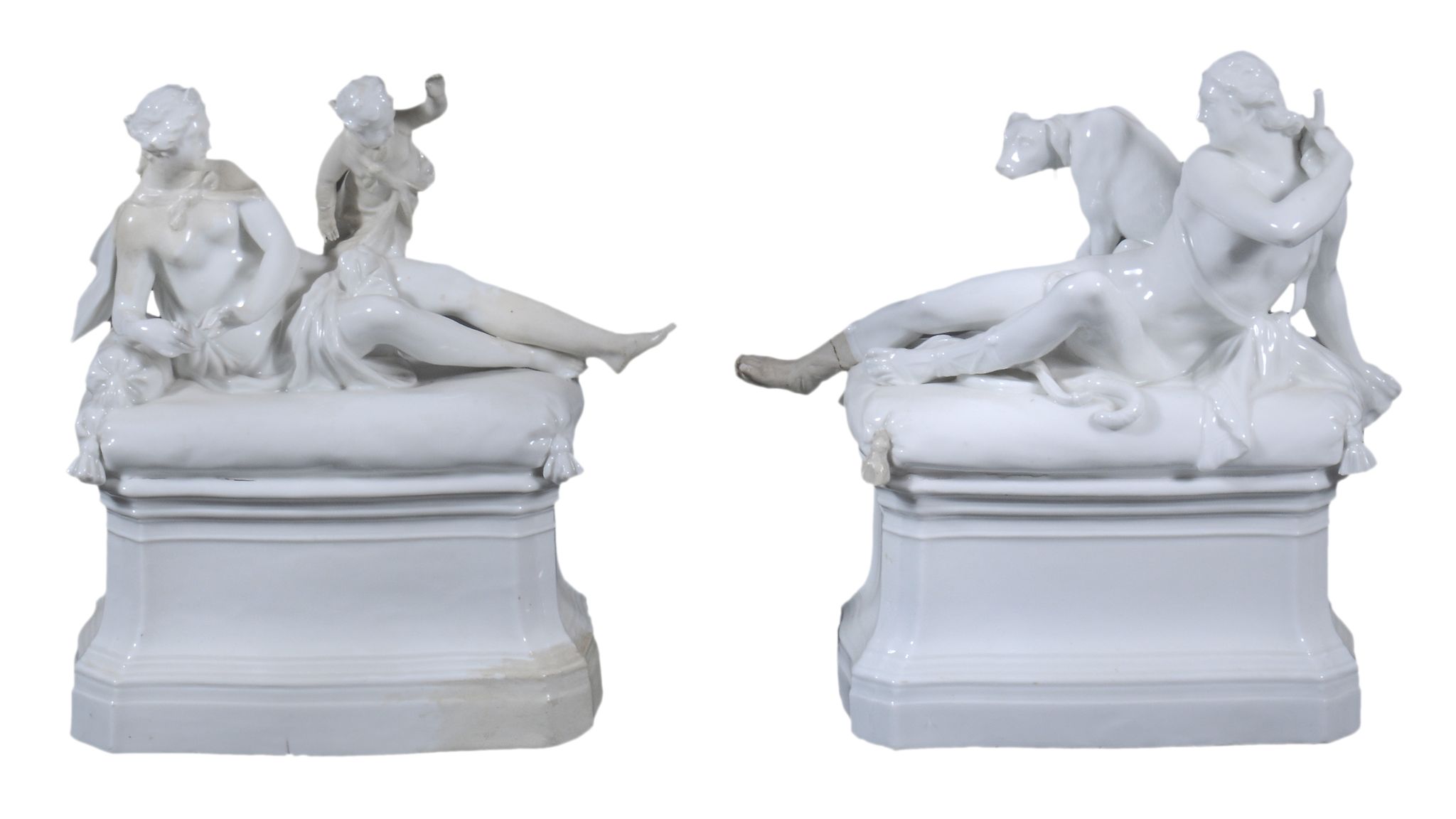 A pair of Berlin groups of Adonis and a hound, and Venus and Cupid, circa 1770,  one with blue-