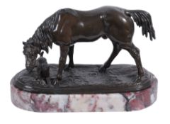 A patinated spelter group of a horse and a dog,   early 20th century, on an oval marble base, 16cm
