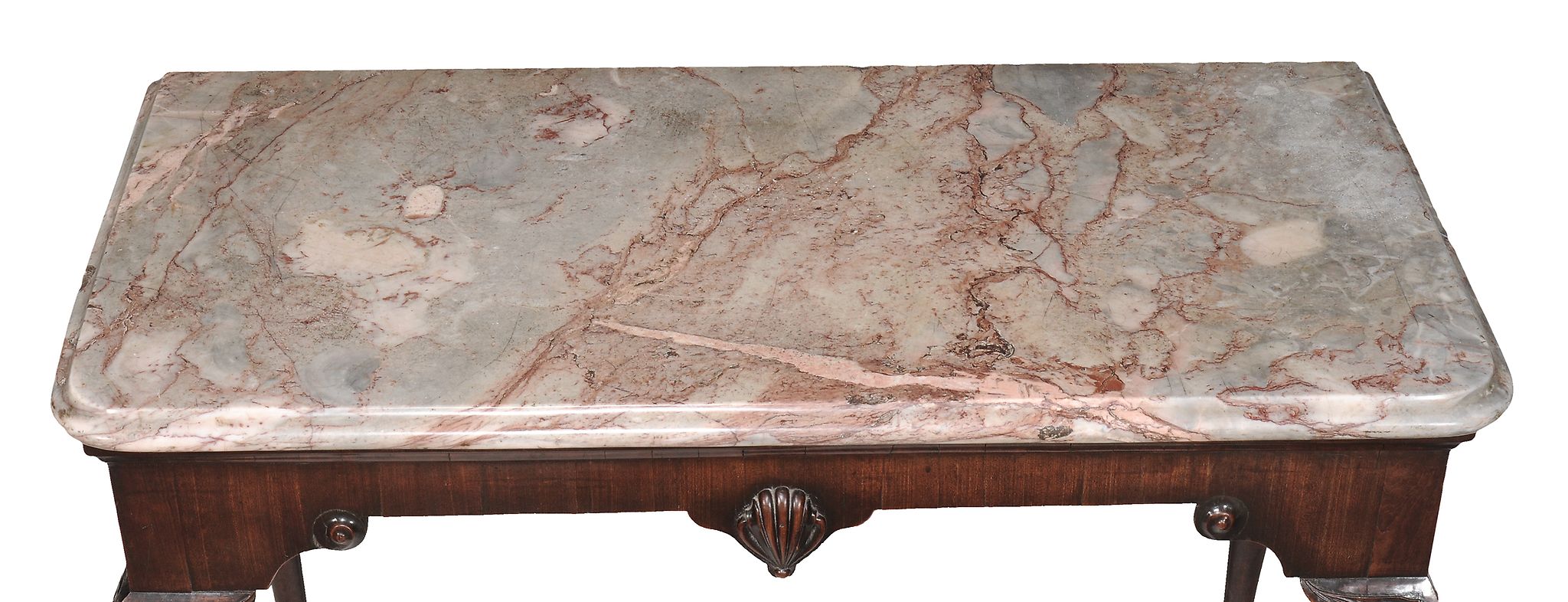 A George II mahogany side table  , circa 1750, possibly Irish, the shaped marble top above moulding - Image 6 of 7