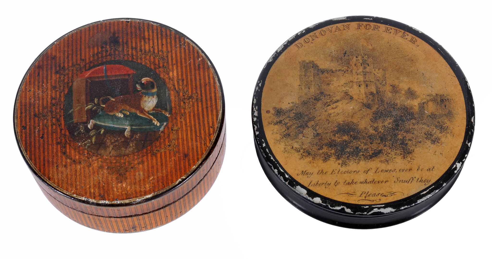 A French circular papier mache box and cover,   late 18th century, the cover painted with a pug