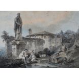 J T Depelchin  An Italianate view with figures by ruins  Pen and black ink, with watercolour  Signed