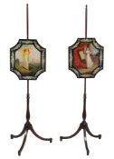 A pair of George III pole screens  , circa 1790, each  with an adjustable painted panel depicting a