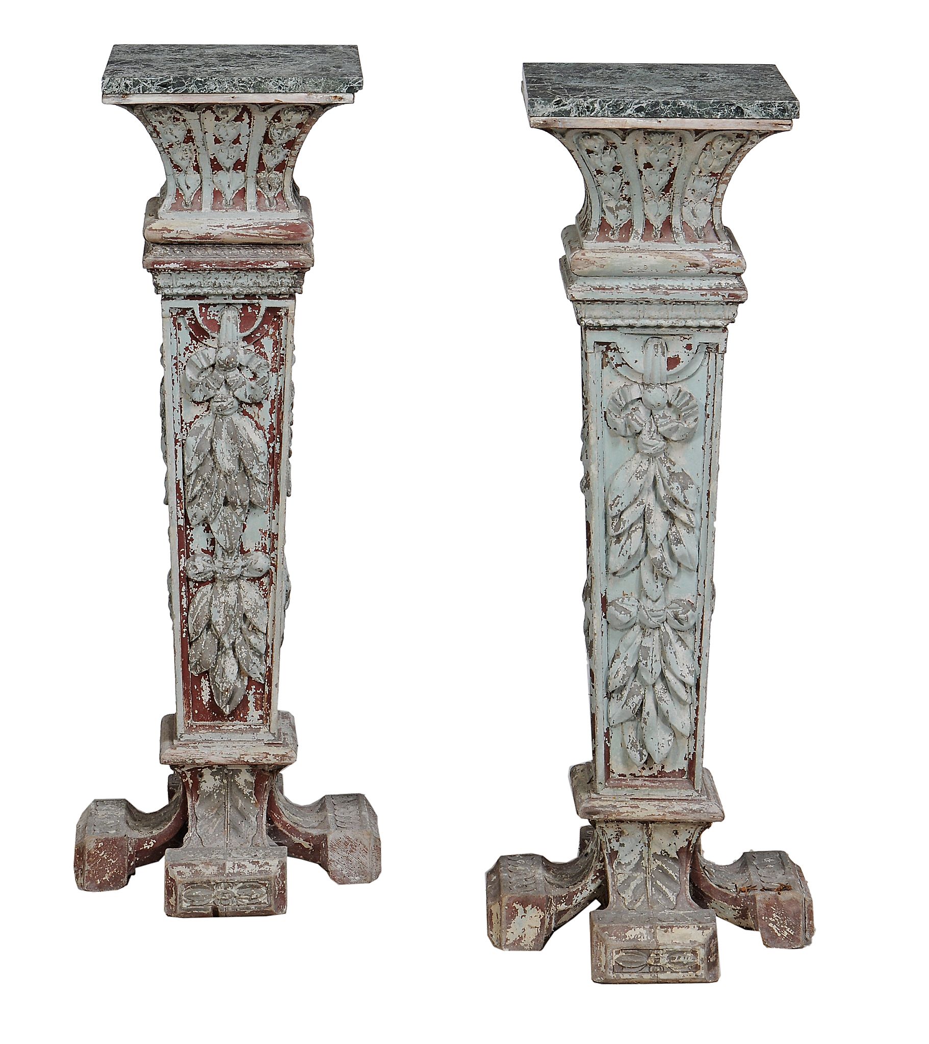 A pair of green painted pedestals,   Italian, late 19th century ,  the square variagated green