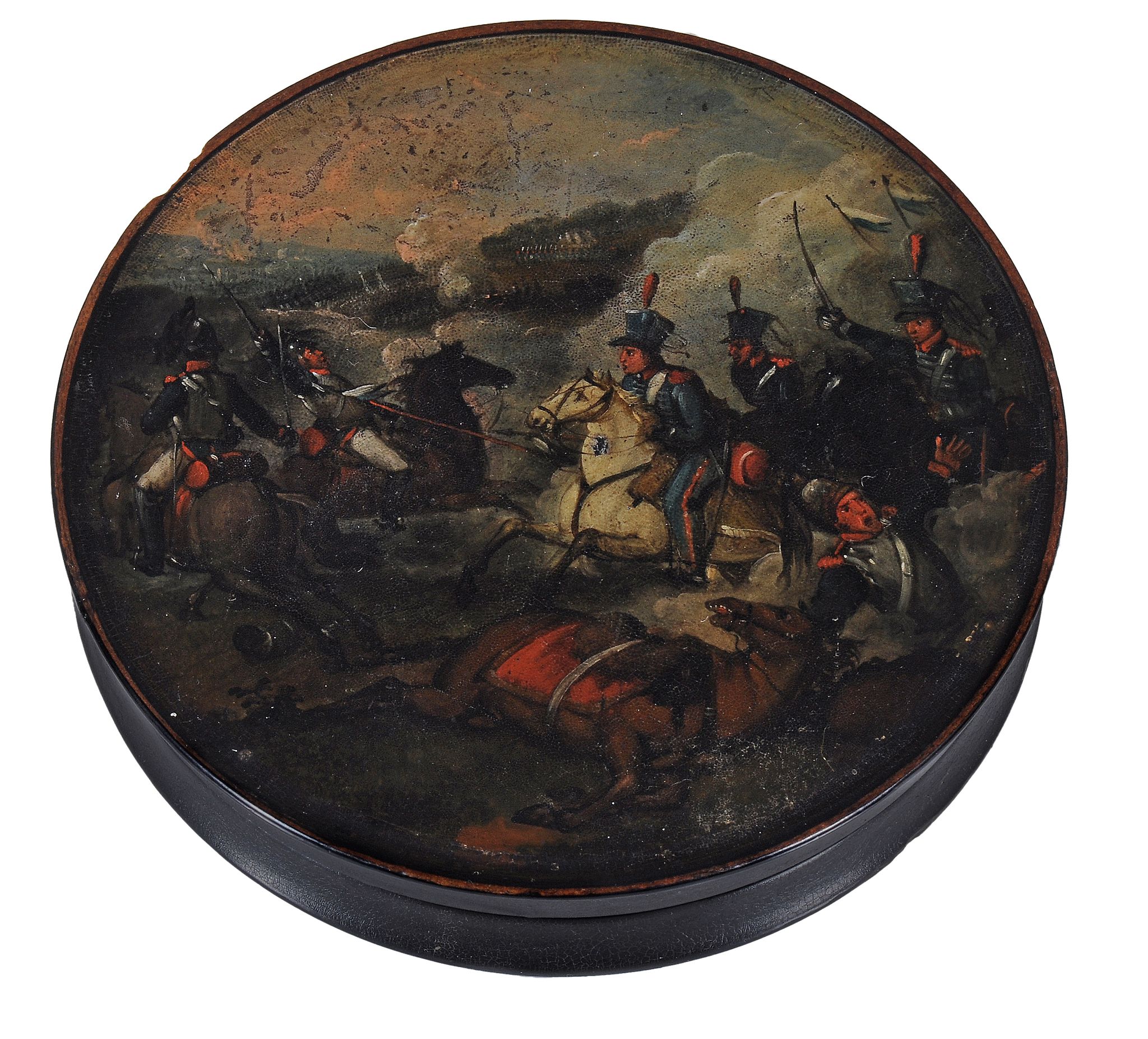 A circular papier mache box,   early 19th century, the cover painted with a cavalry action, 10.5cm