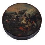 A circular papier mache box,   early 19th century, the cover painted with a cavalry action, 10.5cm