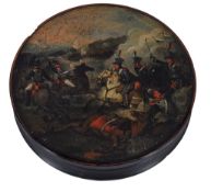 A circular papier mache box,   early 19th century, the cover painted with a cavalry action, 10.5cm