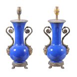 A pair of blue Chinese porcelain and gilt metal mounted vases,   late 19th century,  each of