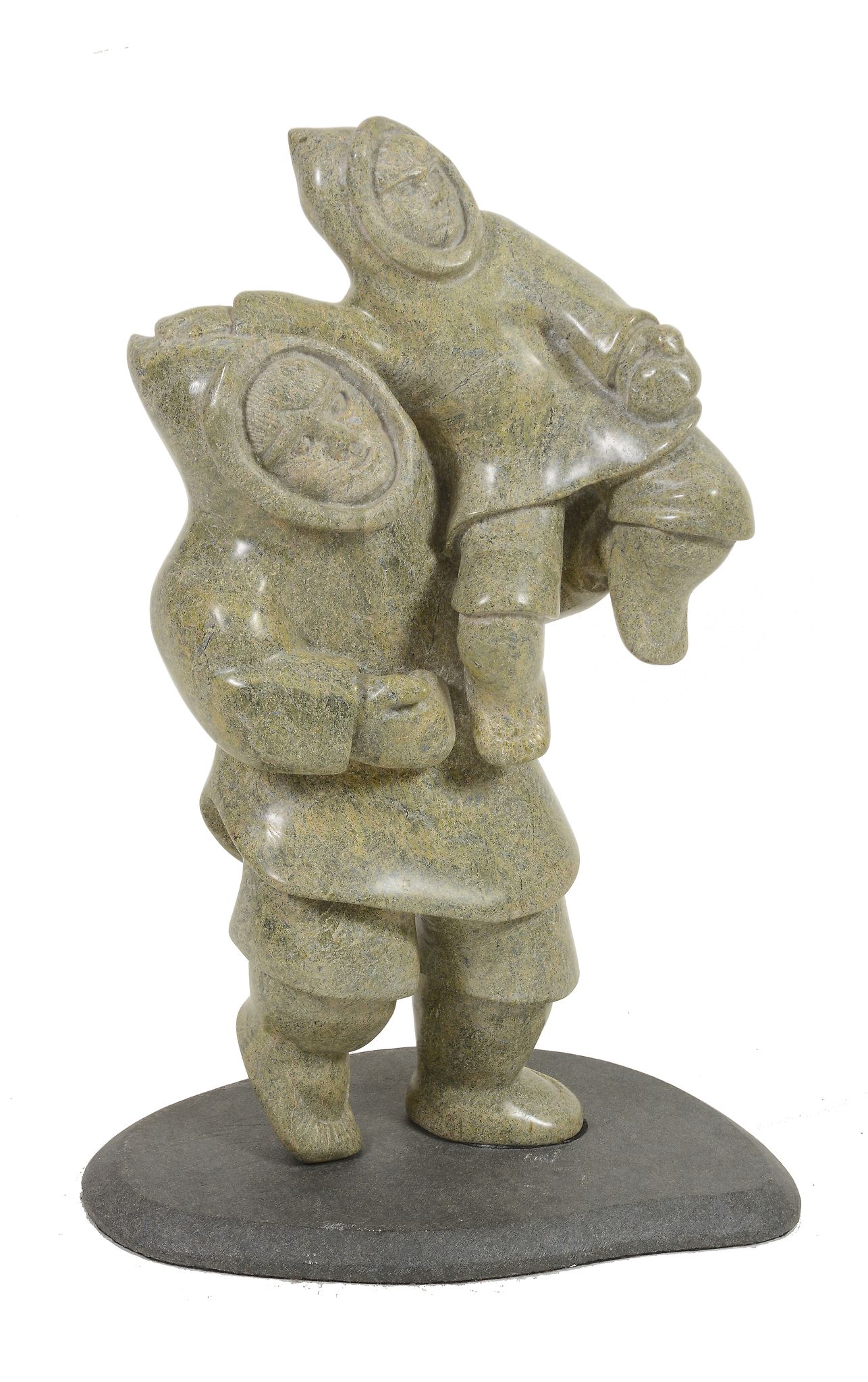 Anilnilk Peelaktoak (Canadian Inuit, b. 1950), a carved stone sculpture of a man holding his son