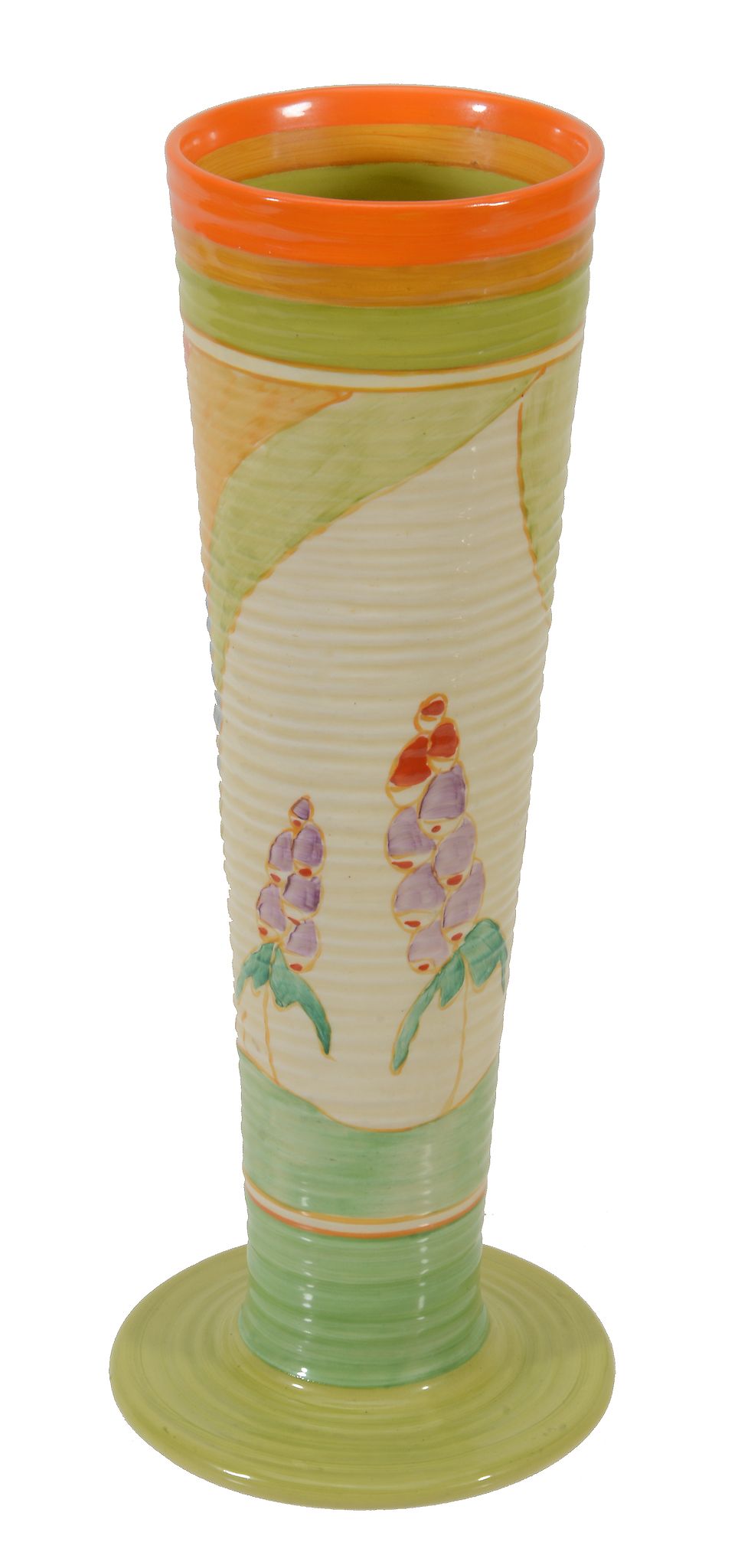 Windbells, a Clarice Cliff Bizarre ribbed conical vase,   shape 613/12, black printed Newport - Image 2 of 2