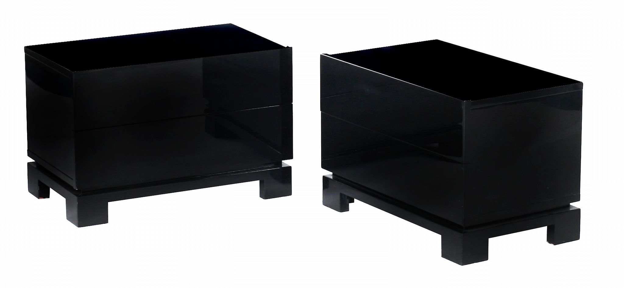 A pair of black lacquered wood bedside cabinets,   French, 1970s, 40cm high, 60cm wide, 36cm deep