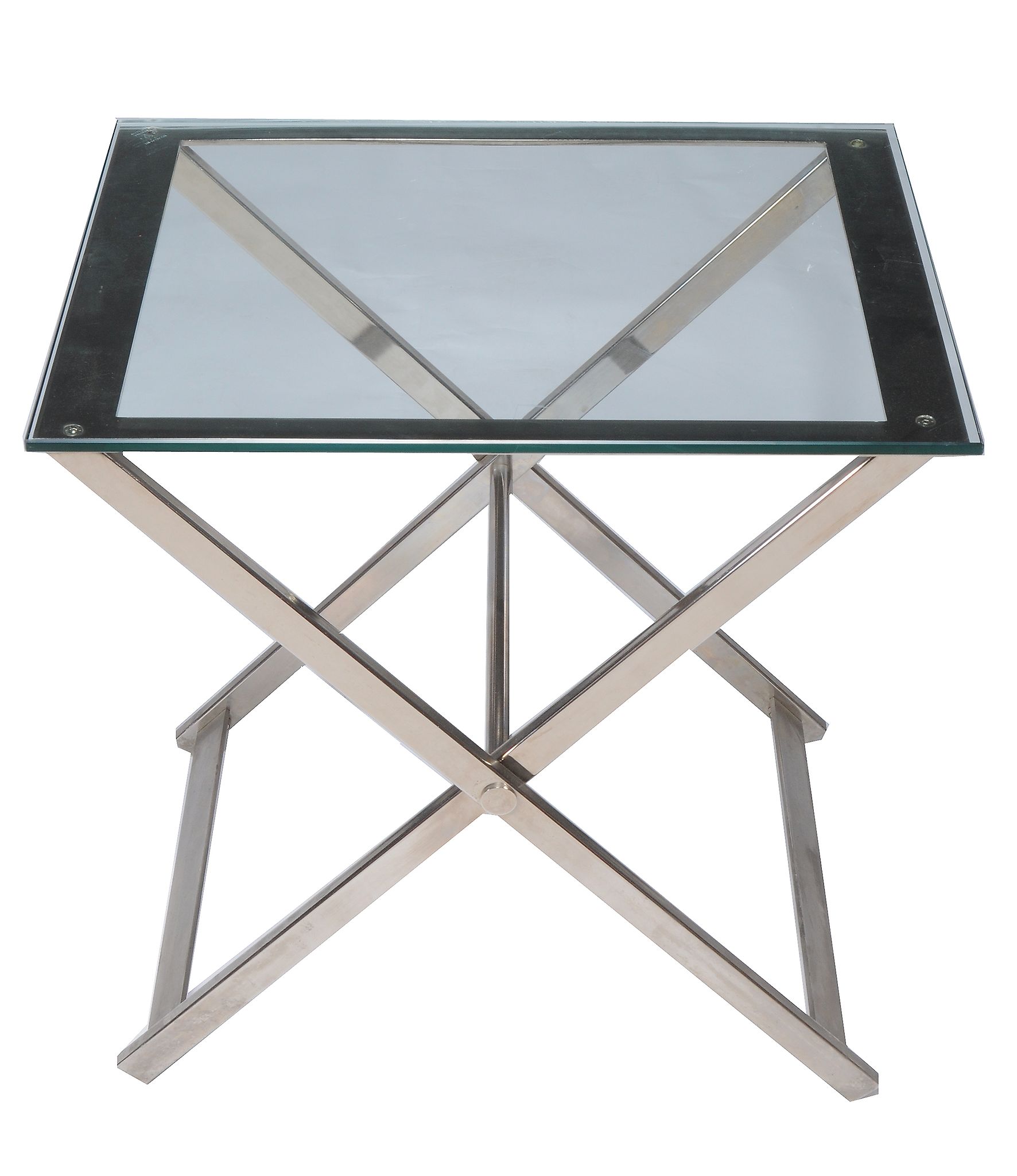 Andrew Martin, a Soho side table,   glass and chromium plated steel, 60cm high, 60cm wide, 43cm