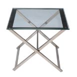 Andrew Martin, a Soho side table,   glass and chromium plated steel, 60cm high, 60cm wide, 43cm