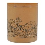 A Doulton Lambeth stoneware cylindrical vase,   decorated by Hannah Barlow, incised with a herd of