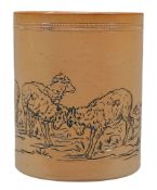 A Doulton Lambeth stoneware cylindrical vase,   decorated by Hannah Barlow, incised with a herd of
