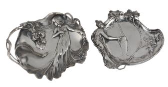 Two WMF pewter figural visiting card trays,   the first model no. 290, with a maiden in a flowing