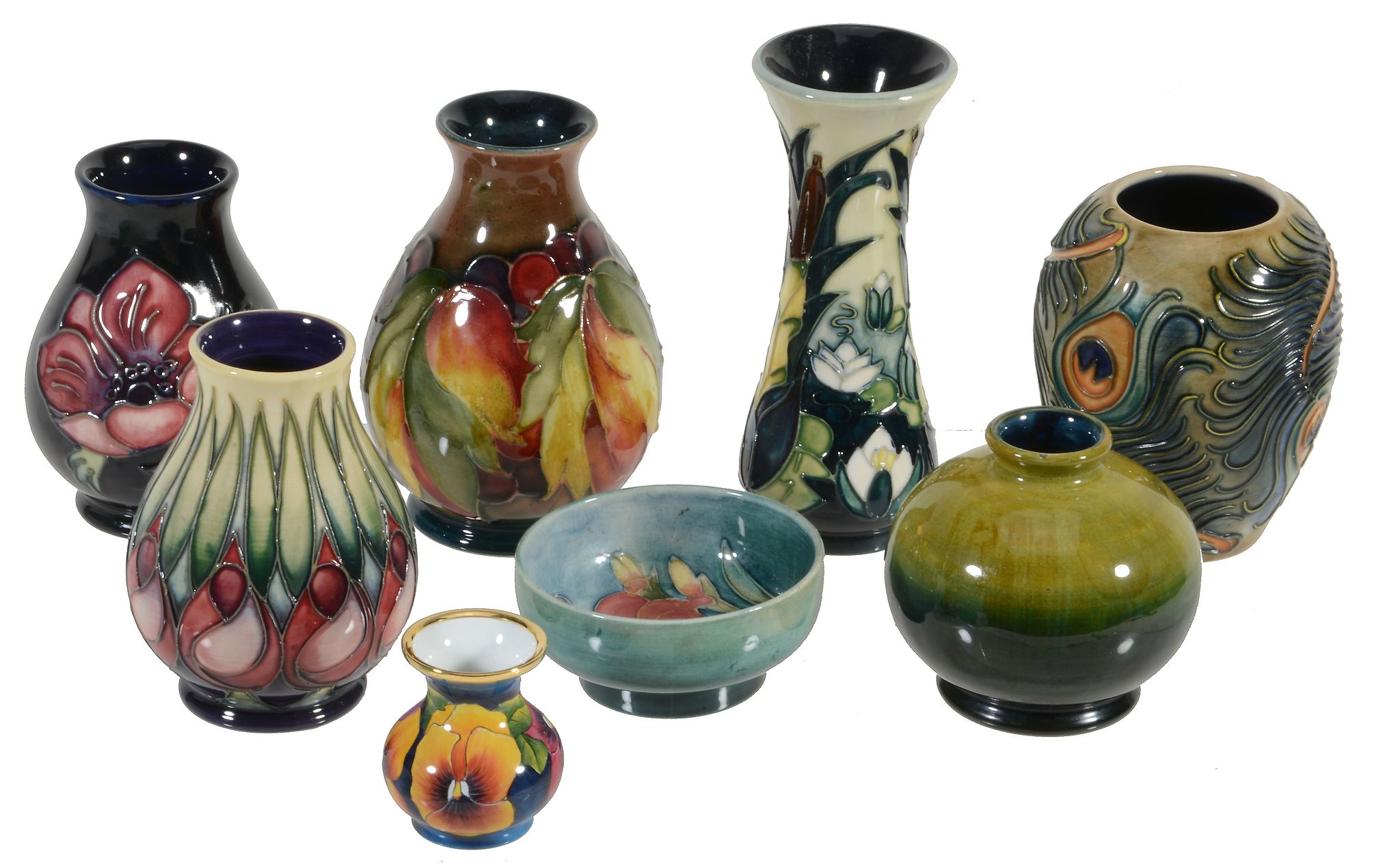 A group of small Moorcroft pieces,   comprising: Pansy, an enamel baluster vase, 2001, 4.7cm high,