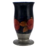 Pomegranate, a Moorcroft for Liberty  &  Co. flared vase,   on an integral hammered pewter outswept