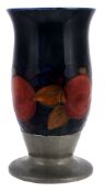 Pomegranate, a Moorcroft for Liberty  &  Co. flared vase,   on an integral hammered pewter outswept