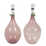 A pair of pink/amethyst blown glass table lamps,   1970s, 43cm high including fitment