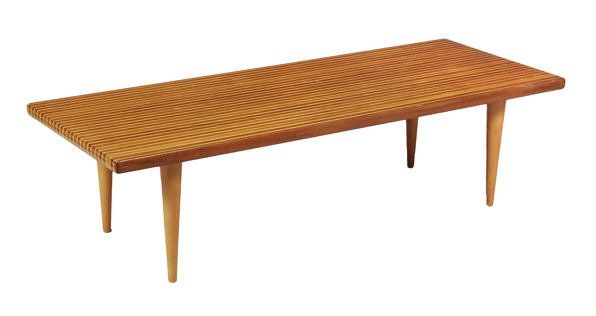 A birch and hardwood coffee table,   mid 20th century, the rectangular top of slatted construction,