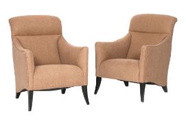 A pair of upholstered armchairs,   Italian, 1950s, with stained wood legs, 90cm high