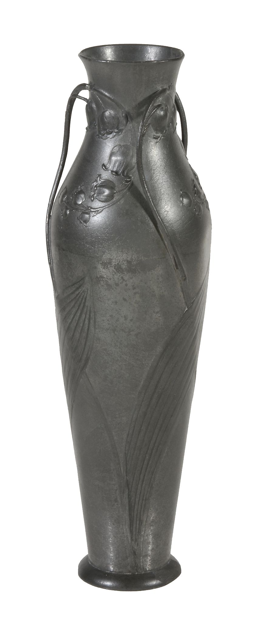 An Art Nouveau pewter slender vase by Kayserzinn,   with three fronds and flowers to the shoulders,