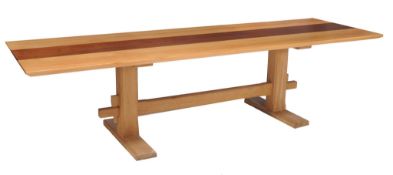 An oak and mahogany refectory table,   second half 20th century, with a plank top of two in blonde