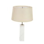 A white marble tall rectangular table lamp,   1970s, with a parchment drum shade, 62cm high to top