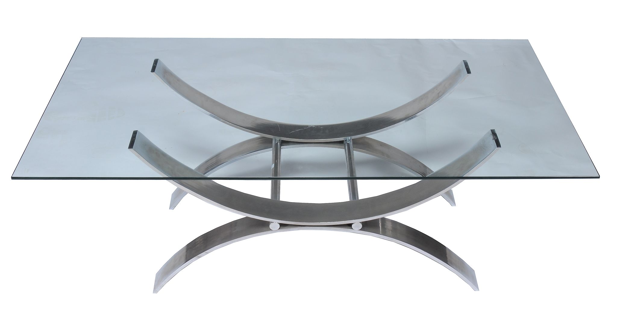 A glass and chromium plated steel coffee table,   1970s, the base arranged as two arched Xs, 45cm