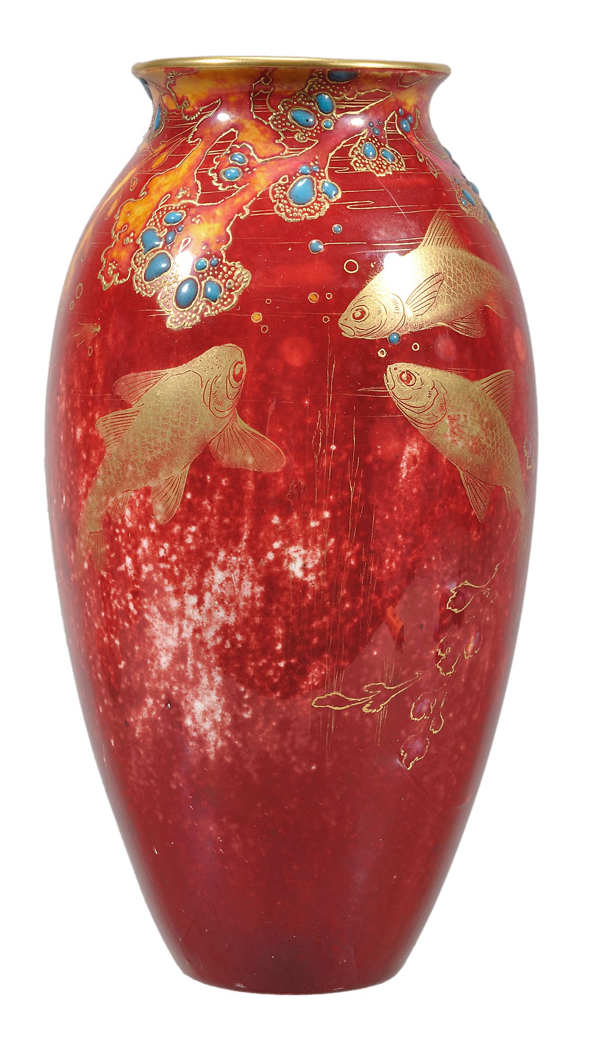 A Royal Doulton Flambe ovoid vase,   decorated in gilt and raised turquoise enamel with fish amidst