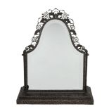 A French Art Deco wrought iron dressing table mirror,   the high domed bevelled plate with a