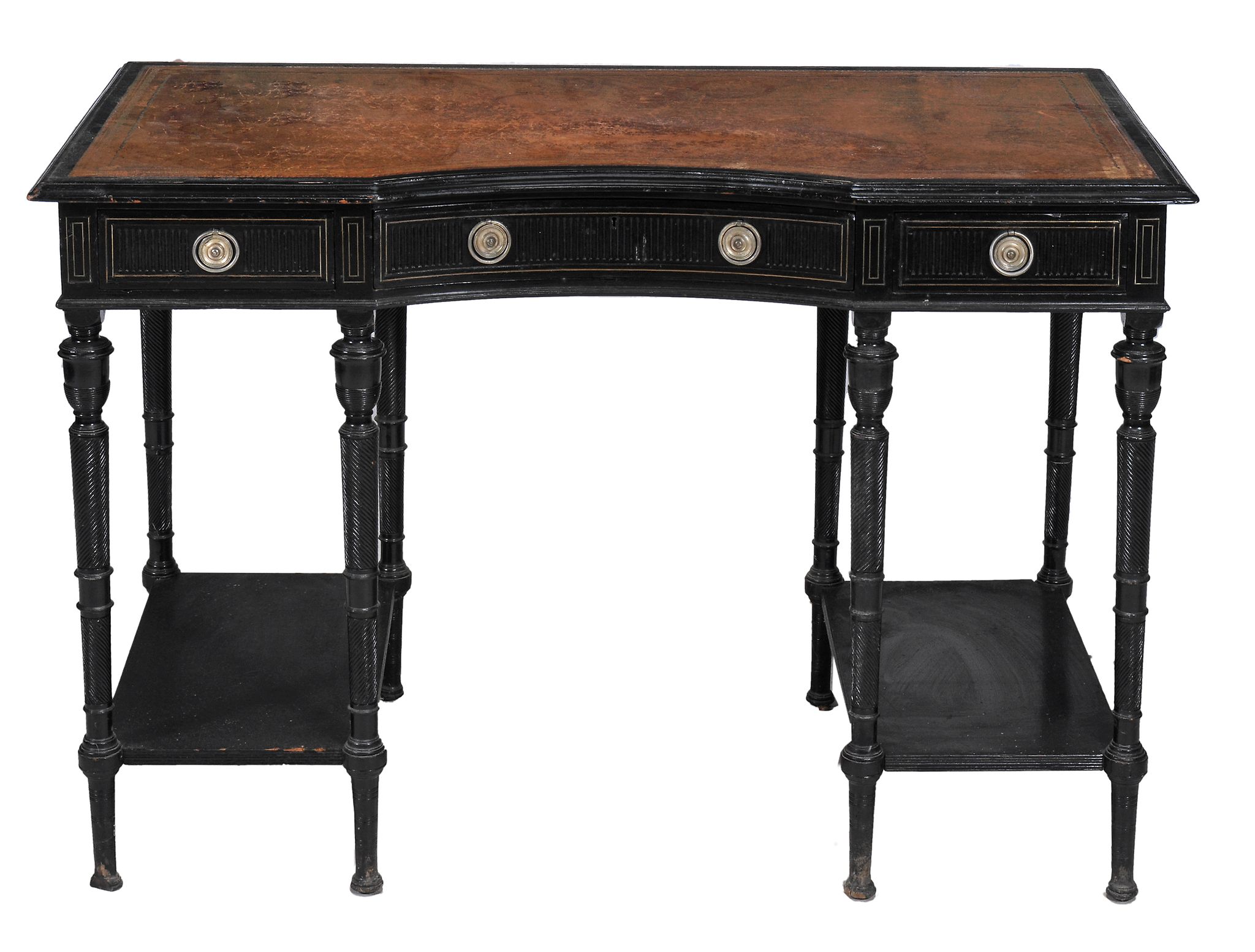 An Aesthetic ebonised writing table by Collinson  &  Lock  , circa 1890, the gilt tooled leather