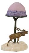 An Art Nouveau coloured glass, bronze and onyx mounted table lamp,   circa 1920, the pink and blue