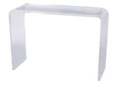 A perspex or lucite console table,   of recent manufacture, of inverted U shape, 74cm high, 107cm