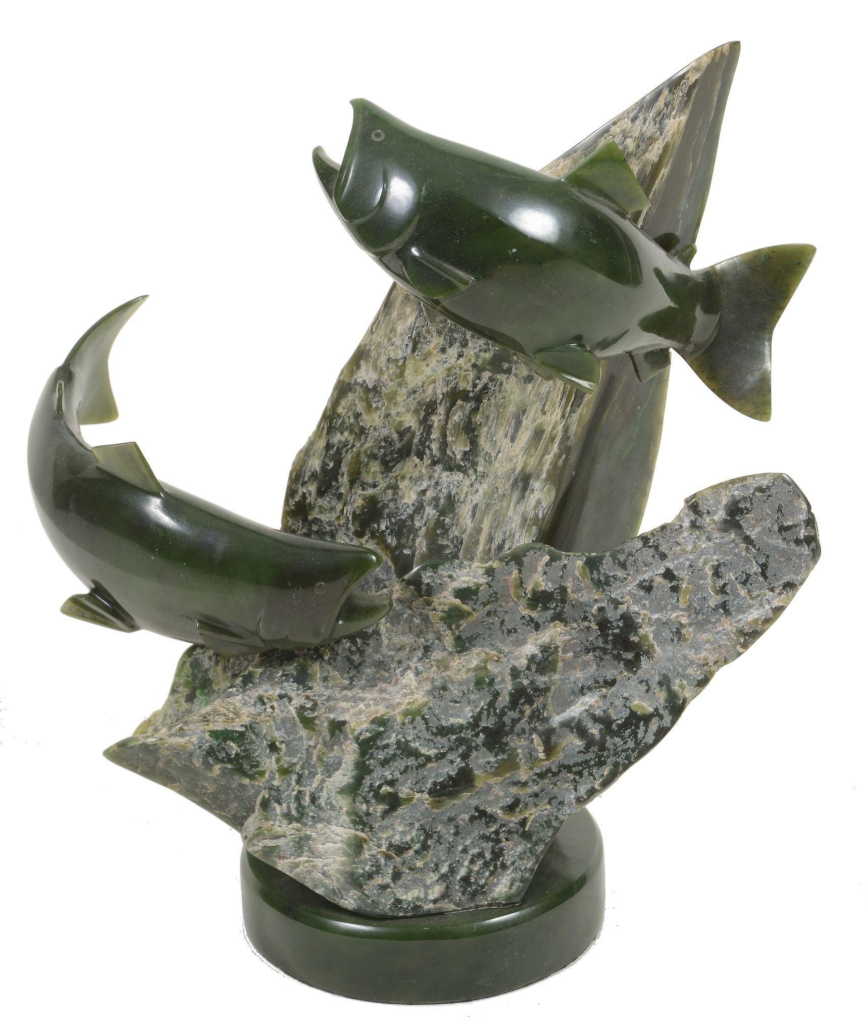 Lyle Sopel (Canadian, b. 1952), a green nephrite carving of two salmon swimming,   signed   Sopel