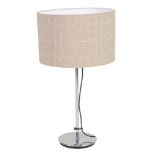 A chromium plated steel three light table lamp,   Italian, 1970s, with a beige shade, 65cm high