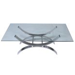 A glass and chromium plated steel coffee table,   1970s, the base arranged as two arched Xs, 45cm