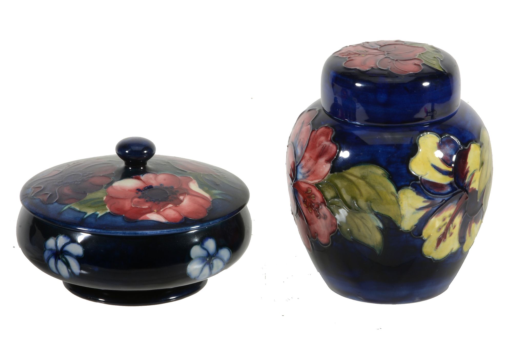 Hibiscus, a Moorcroft ovoid jar and cover,   impressed marks, blue painted initials, 15cm high;