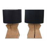 A pair of green oak wedge shape table lamps,   late 20th century, with black shades, 52cm high