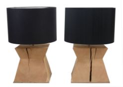 A pair of green oak wedge shape table lamps,   late 20th century, with black shades, 52cm high