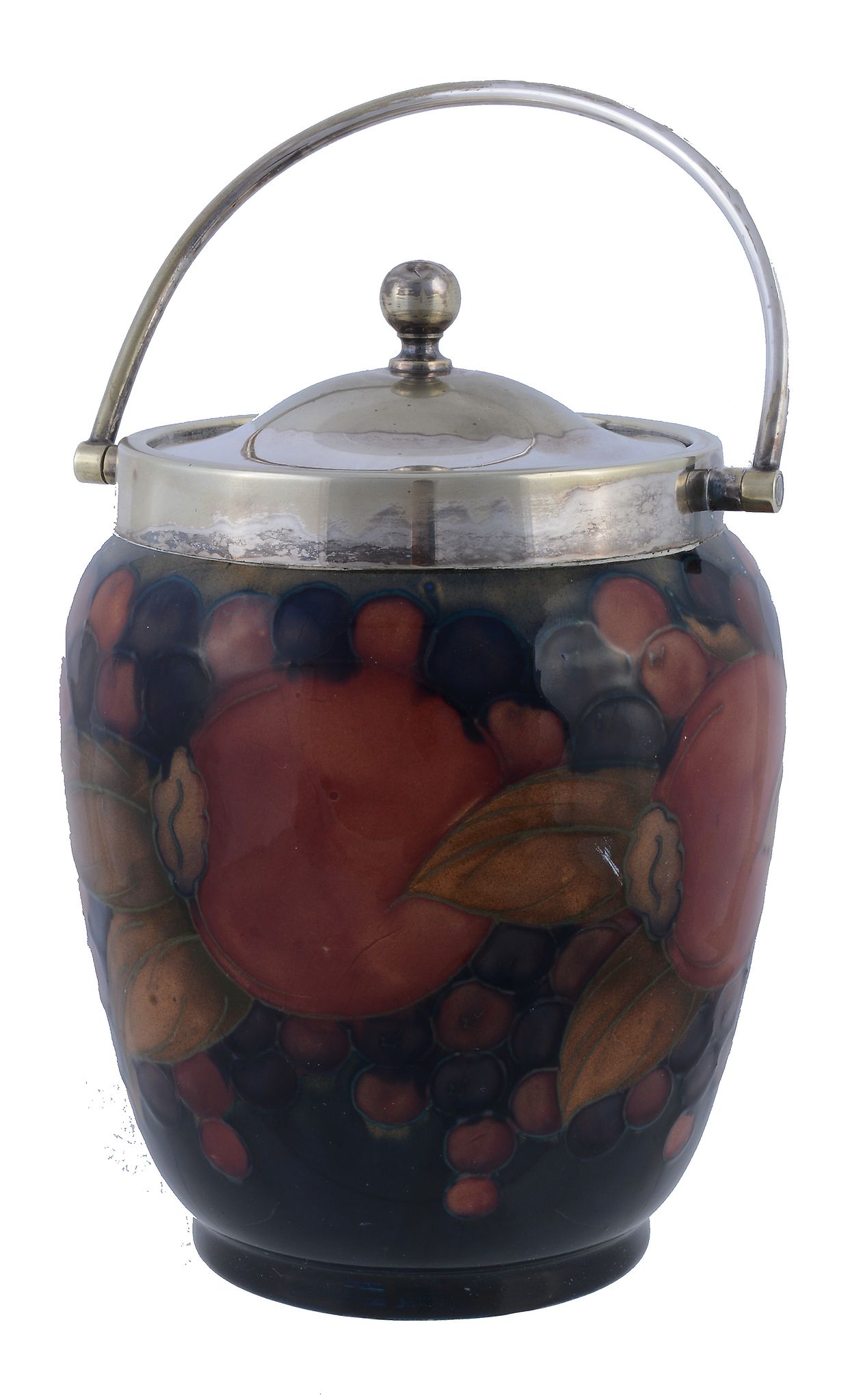 Pomegranate, a Moorcroft ovoid biscuit barrel,   with electroplated swing handle, cover and rim,