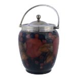 Pomegranate, a Moorcroft ovoid biscuit barrel,   with electroplated swing handle, cover and rim,