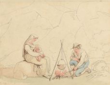 Bartolomeo Pinelli (1771-1835) - Italian family cooking on an open fire Watercolour, over pencil