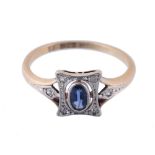 A sapphire and diamond ring , the rectangular panel with eight cut diamonds...  A sapphire and
