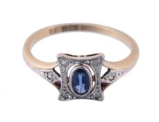 A sapphire and diamond ring , the rectangular panel with eight cut diamonds...  A sapphire and