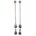 A pair of diamond and cultured pearl ear pendants  A pair of diamond and cultured pearl ear pendants