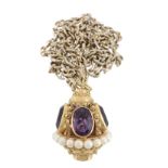 An amethyst and cultured pearl pendant, the ovoid pendant set with four oval...  An amethyst and